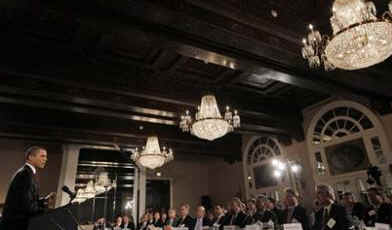 President Barack Obama speaks on the economy and the administration's stimulus package at a business roundtable of an association of leading US CEOs at a hotel in Washington, DC on March 12, 2009.
