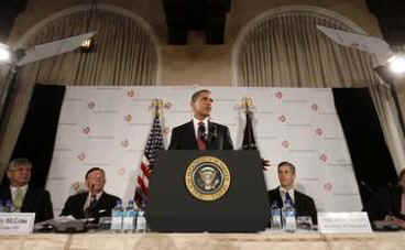 President Barack Obama speaks on the economy and the administration's stimulus package at a business roundtable of an association of leading US CEOs at a hotel in Washington, DC on March 12, 2009.