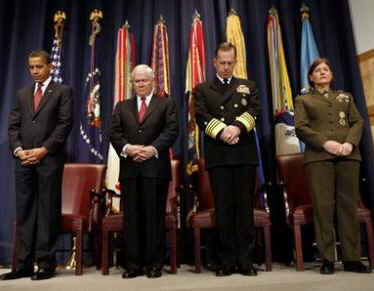 President Barack Obama is joined by Secretary of Defense Robert Gates and military leaders at the National Defense University at Fort McNair in Washington, DC. 