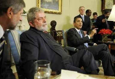 President Barack Obama meets with Brazilian President Luizinacio Lula Da Silva in the Oval Office of the White House.