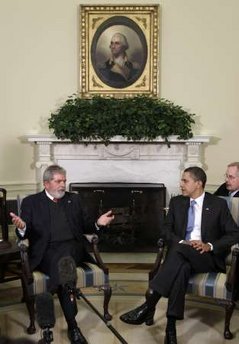 President Barack Obama meets with Brazilian President Luizinacio Lula Da Silva in the Oval Office of the White House.