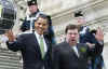 President Barack Obama leaves the Capitol Building after a St. Patrick's Day luncheon with Ireland's Prime Minister Brian Cowen. President Obama. led by a bagpiper, walks down the Capitol Hill stairs with PM Brian Cowen, and Speaker of the House Nancy Pelosi.