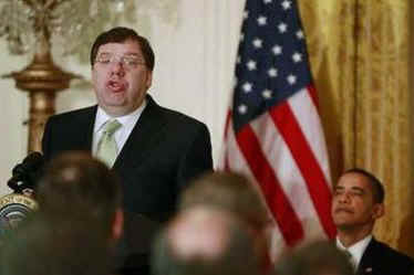 President Barack Obama, First Lady Michelle Obama, and Vice President Joe Biden join Irish Prime Minister Brian Cowen and leaders from Northern Ireland for a St. Patrick's Day reception in the East Room of the White House on March 17, 2009.