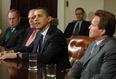 President Barack Obama meets with Pennsylvania Governor Ed Rendell, California Governor Arnold Schwarzenegger, and Transportation Secretary Ray LaHood in the Roosevelt Room of the White House on March 20, 2009.
