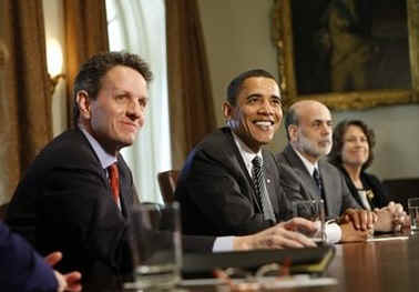 President Barack Obama meets with his key financial advisers in the Roosevelt Room of the White House on March 23, 2009. In attendance was Economic Adviser Romer, Treasury Secretary Geithner, and Federal Reserve Chairman Bernanke.