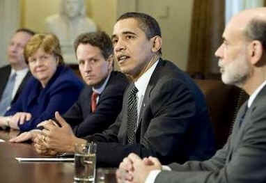 President Barack Obama meets with his key financial advisers in the Roosevelt Room of the White House on March 23, 2009. In attendance was Economic Adviser Romer, Treasury Secretary Geithner, and Federal Reserve Chairman Bernanke.