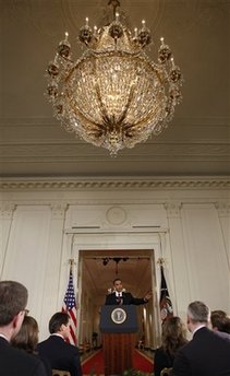 President Obama speaks at a live prime time news conference in the East Room of the White House on March 24, 2009.
