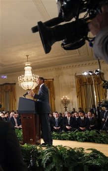 President Obama holds a one-hour live prime time news conference in the East Room of the White House on March 24, 2009.