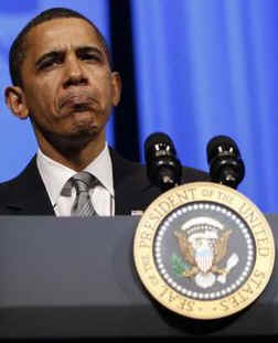 President Barack Obama speaks at a Democratic National Committee fundraiser at the Warner Theater in Washington, DC on March 25, 2009. The DNC slogan is "Organizing for America."