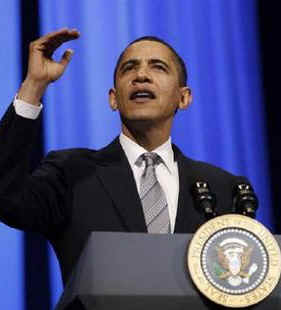President Barack Obama speaks at a Democratic National Committee fundraiser at the Warner Theater in Washington, DC on March 25, 2009. The DNC slogan is "Organizing for America."