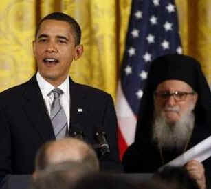 President Barack Obama and Vice president Joe Biden commemorate Greek Independence Day in the East Room of the White House on March 25, 2009. Greek Orthodox in America Archbishop Demetrios joined the East Room celebration.