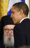 President Barack Obama and Vice president Joe Biden commemorate Greek Independence Day in the East Room of the White House on March 25, 2009. Greek Orthodox in America Archbishop Demetrios joined the East Room celebration.