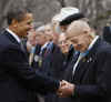 President Barack Obama lays a wreath at the Tomb of the Unknown Soldier, and greets Medal of Honor winners during National Medal of Honor Day at Arlington National Cemetery in Arlington, Virginia on March 25, 2009.
