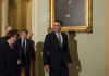 President Barack Obama meets with Senators to discuss his budget during the weekly Senate Democrat Luncheon on Capitol Hill in Washington, DC on March 25, 2009. Obama discussed education, health, energy, and appealed for deficit reductions.