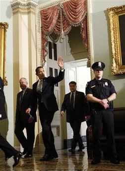 President Barack Obama meets with Senators to discuss his budget during the weekly Senate Democrat Luncheon on Capitol Hill in Washington, DC on March 25, 2009. Obama discussed education, health, energy, and appealed for deficit reductions.