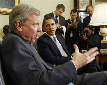 President Barack Obama meets with NATO Secretary General Jaap de Hoop Scheffer in the Oval Office of the White House.