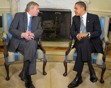 President Barack Obama meets with NATO Secretary General Jaap de Hoop Scheffer in the Oval Office of the White House.