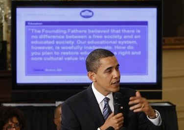 President Barack Obama holds his first online town hall style "Open for Questions" program in the East Room of the White House. President Obama answered a range of questions from the online White House site that received over 3.5 million responses.