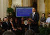 President Barack Obama holds his first online town hall style "Open for Questions" program in the East Room of the White House. President Obama answered a range of questions from the online White House site that received over 3.5 million responses.