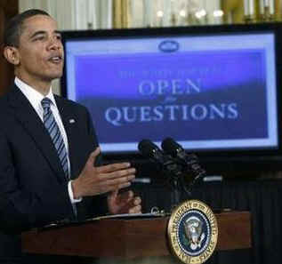 President Barack Obama holds his first online town hall style "Open for Questions" program in the East Room of the White House. President Obama answered a range of questions from the online White House site that received over 3.5 million responses.