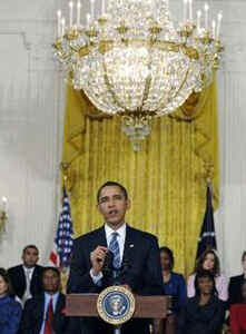President Barack Obama holds his first online town hall style "Open for Questions" program in the East Room of the White House. President Obama answered a range of questions from the online White House site that received over 3.5 million responses.