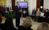 President Barack Obama holds his first online town hall style "Open for Questions" program in the East Room of the White House. President Obama answered a range of questions from the online White House site that received over 3.5 million responses.