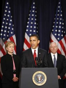 President Barack Obama announced his new strategy for Afghanistan and Pakistan at the Eisenhower Executive Office Building on the White Campus on March 27, 2009. Secretary of State Hillary Clinton and Secretary of Defense Robert Gates were among the military and  cabinet leaders present.