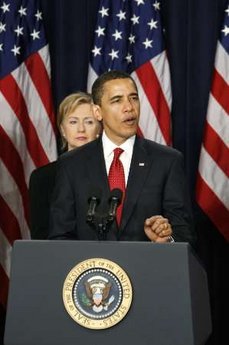 President Barack Obama announced his new strategy for Afghanistan and Pakistan at the Eisenhower Executive Office Building on the White Campus on March 27, 2009. Secretary of State Hillary Clinton and Secretary of Defense Robert Gates were among the military and  cabinet leaders present.
