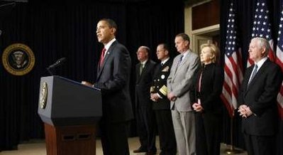 President Barack Obama announced his new strategy for Afghanistan and Pakistan at the Eisenhower Executive Office Building on the White Campus on March 27, 2009. Secretary of State Hillary Clinton and Secretary of Defense Robert Gates were among the military and  cabinet leaders present.