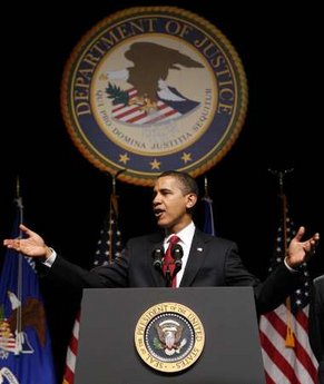 President Barack Obama attends the installation ceremony of US Attorney General Eric Holder at George Washington University.