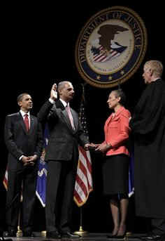 President Barack Obama attends the installation ceremony of US Attorney General Eric Holder at George Washington University. Eric Holder's wife Dr. Sharon Malone joined in the swearing in of the 82nd US Attorney General.
