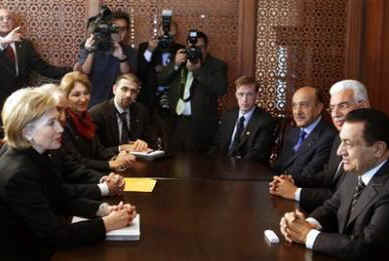 Clinton and Mitchell with Egyptian President Hosni Mubarak. Secretary of State Hillary Clinton and US Special Envoy to the Middle East George Mitchell travel to the Egyptian Red Sea resort for the International Conference in Support of the Palestinian Economy for the Reconstruction of Gaza.