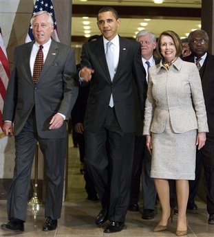 President Barack Obama walks by House Majority Leader Steny Hoyer and House Speaker Nancy Pelosi on Capitol Hill  on the way to a House Democratic Caucus Luncheon on March 30, 2009.