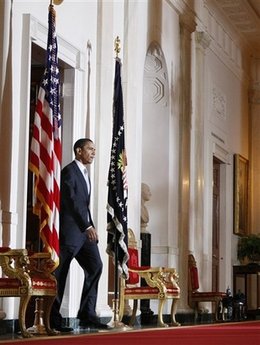 President Barack Obama speaks in the Grand Foyer of the White House on the administration's ongoing plans for the auto industry.
