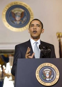President Barack Obama speaks in the Grand Foyer of the White House on the administration's ongoing plans for the auto industry.
