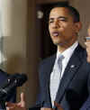 President Barack Obama speaks in the Grand Foyer of the White House on the administration's ongoing plans for the auto industry.