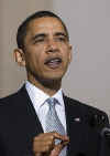 President Barack Obama speaks in the Grand Foyer of the White House on the administration's ongoing plans for the auto industry.