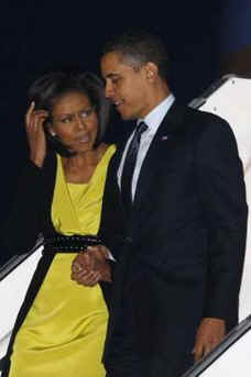 President Barack Obama and First Lady Michelle Obama arrive at Stansted Airport in Essex on Air Force One.