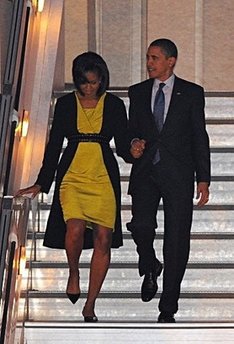 President Barack Obama and First Lady Michelle Obama arrive at Stansted Airport in Essex on Air Force One.