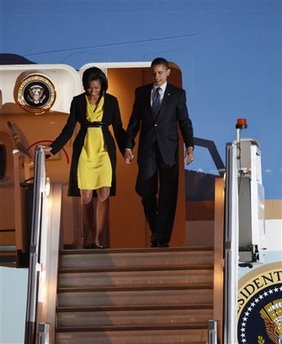 President Barack Obama and First Lady Michelle Obama arrive at Stansted Airport in Essex on Air Force One.