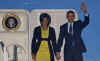 President Barack Obama and First Lady Michelle Obama arrive at Stansted Airport in Essex on Air Force One.