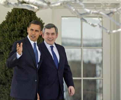 President Obama and PM Gordon Brown walk down the Colonnade to have a working lunch in the Old Family Dining Room.