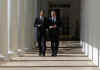 President Obama and PM Gordon Brown walk down the Colonnade to have a working lunch in the Old Family Dining Room.