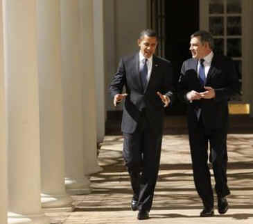 President Obama and PM Gordon Brown walk down the Colonnade to have a working lunch in the Old Family Dining Room.