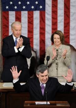 UK Prime Minister Gordon Brown addresses a joint Session of the US Congress at Capitol Hill in Washington, DC on March 4, 2009.