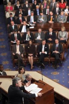 UK Prime Minister Gordon Brown addresses a joint Session of the US Congress at Capitol Hill in Washington, DC on March 4, 2009.