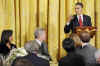 President Barack Obama speaks at a dinner for Congressional Heads in the East Room of the White House on March 4, 2009.