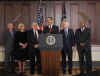 President Obama holds a press conference with Senator John McCain and other Senators to announce a plan for government reform to reduce wasteful spending which accounts for billions of dollars every year.