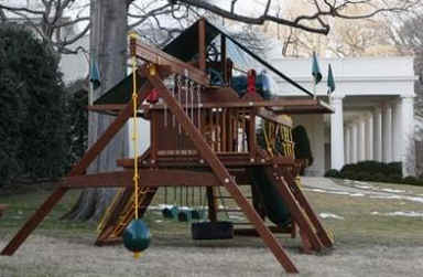 The outdoor set was placed on the White House lawn near the Oval Office.
