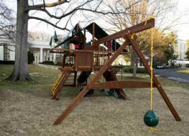 The outdoor set was placed on the White House lawn near the Oval Office.